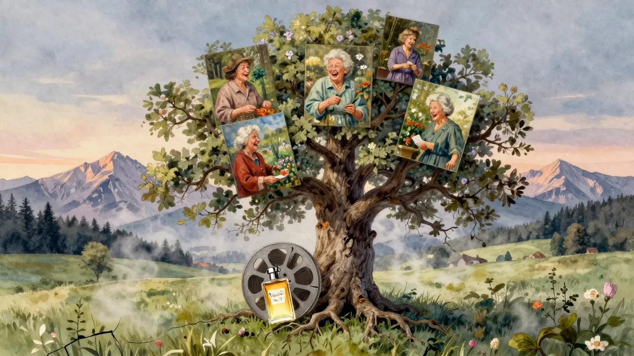 A symbolic tree growing from a film reel in the Alps, with floating paintings of elderly women.