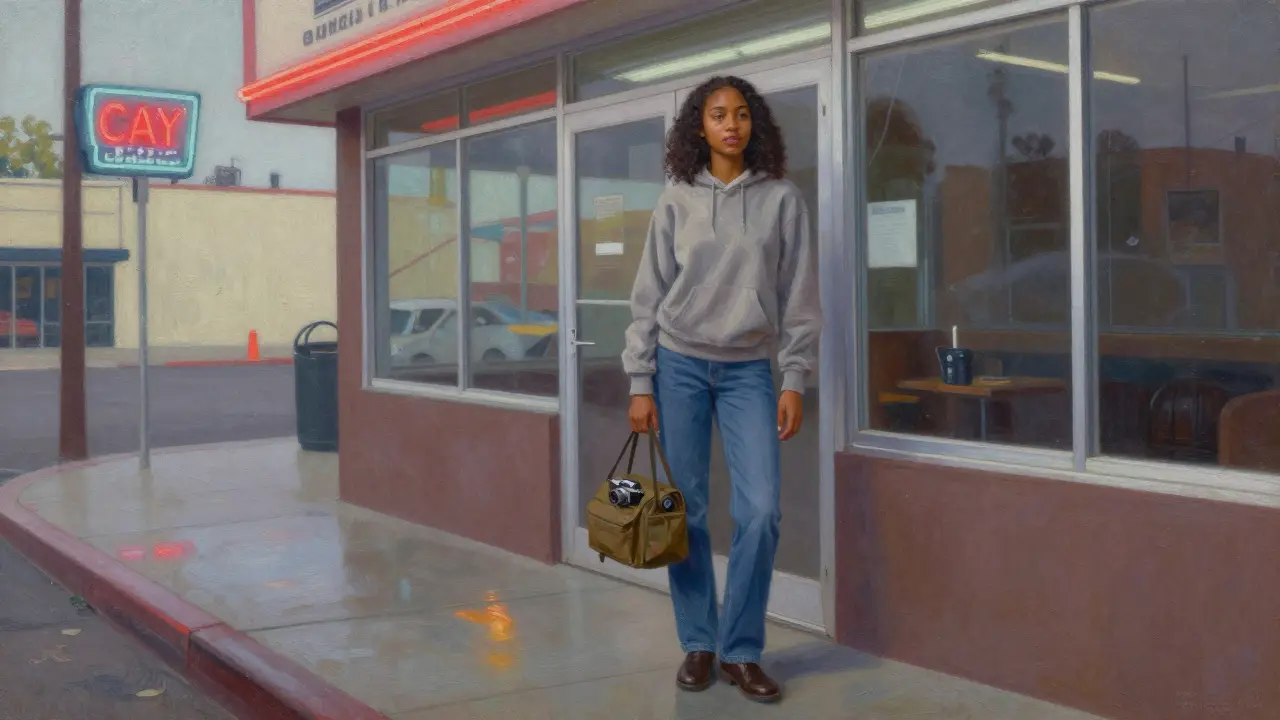 A teenager standing outside a small photography studio in San Diego, holding a camera bag, looking thoughtfully at the viewer.