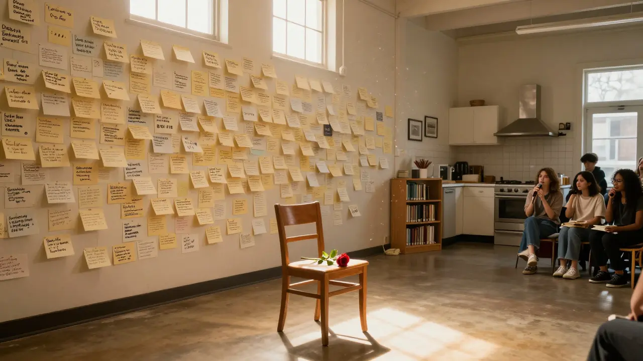 A wall covered in handwritten notes at the Texas Patti Community Center, with a red rose on an empty chair.