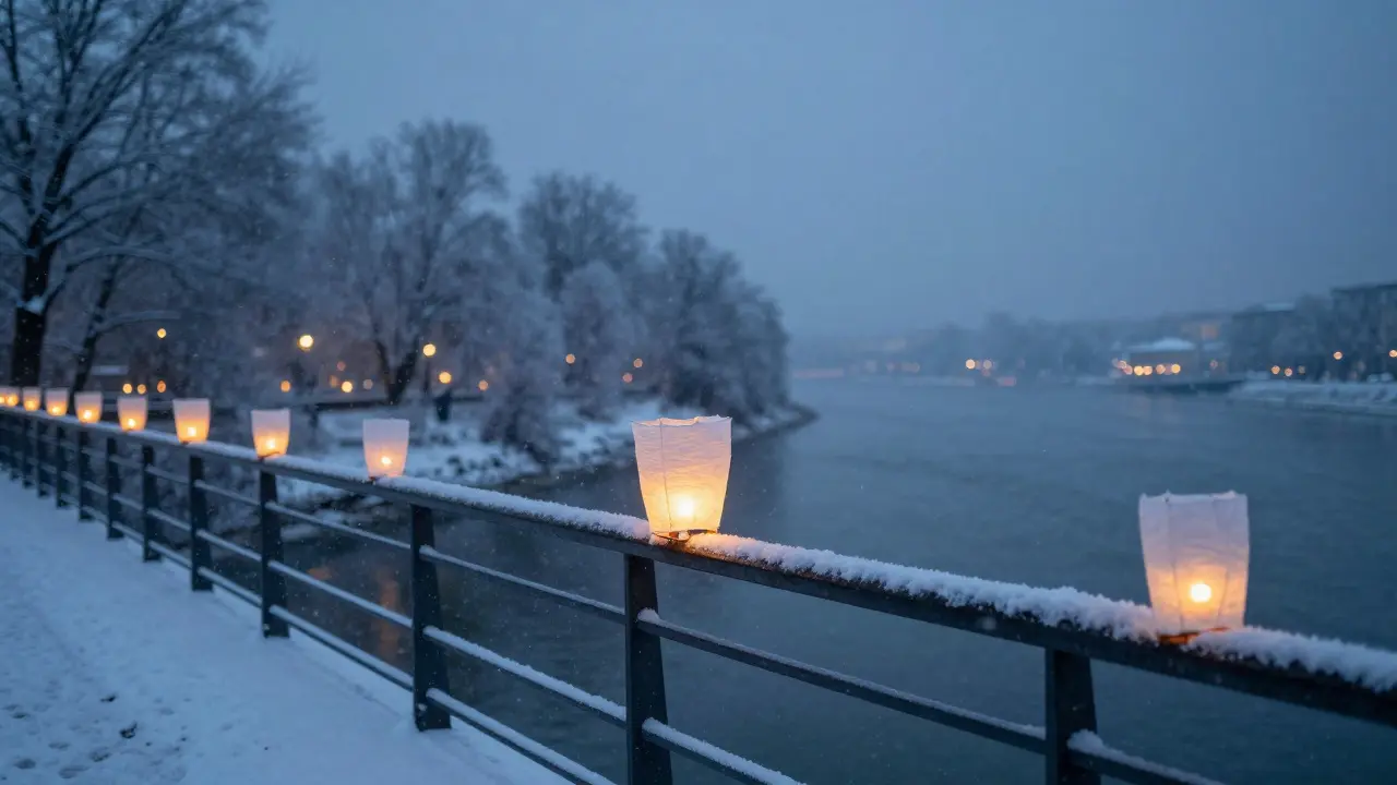 A winter bridge with a single glowing lantern among many unlit ones, snow falling, city lights blurred in the distance.