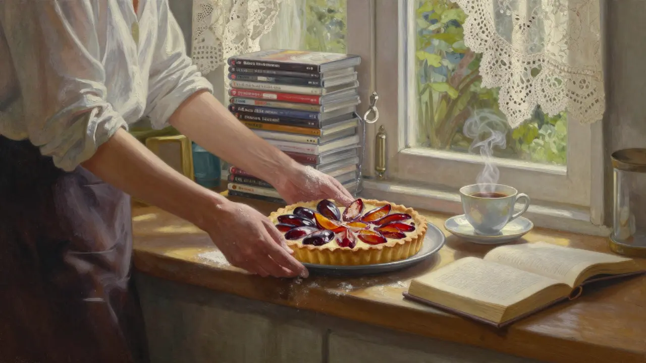 A woman bakes a plum tart in a sunlit kitchen, with classic DVDs neatly stored on a shelf behind her.