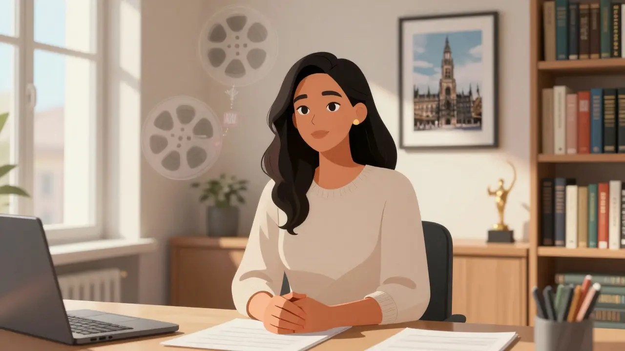 A woman in a calm office setting, surrounded by psychology books, with a faint image of film reels fading into the background.