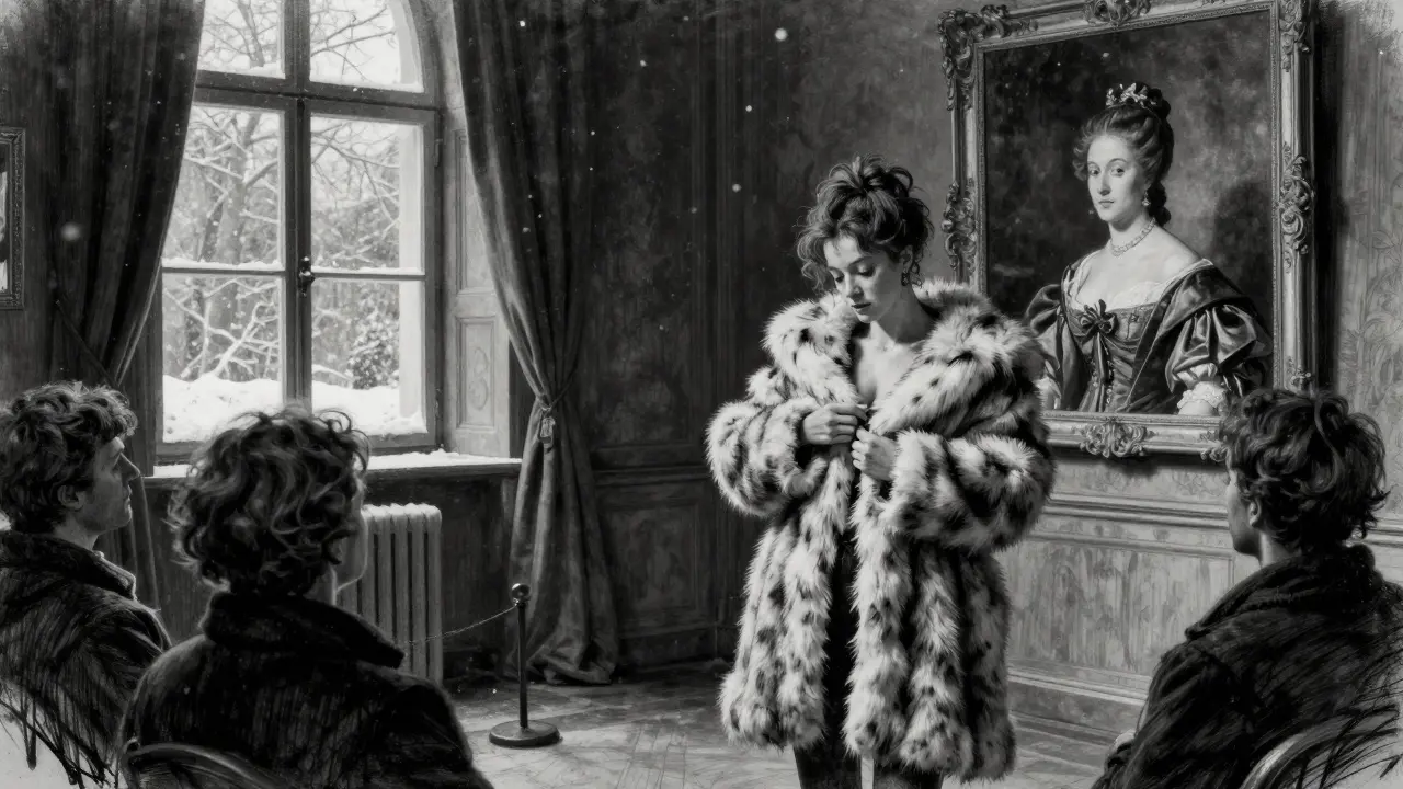 A woman in a fur coat removes it before a classical painting in a dim museum, unnoticed by the crowd.