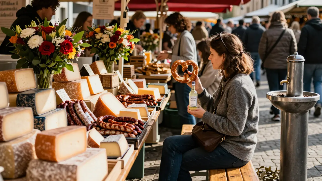 A woman sits at a market bench holding a pretzel and syrup, surrounded by fresh food and flowers.