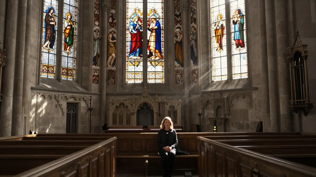A woman sits quietly in a sunlit church, eyes closed, surrounded by ancient frescoes and glowing stained-glass windows.