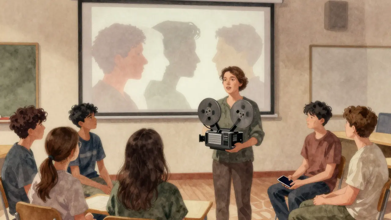 A woman speaks gently to teenagers in a community center, with abstract silhouettes of faces on the wall behind them.