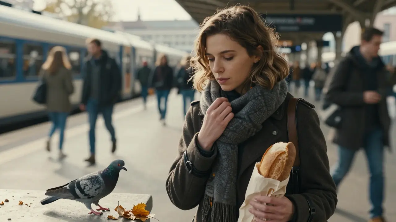 A woman stands calmly in a busy train station, watching a pigeon as commuters rush past.