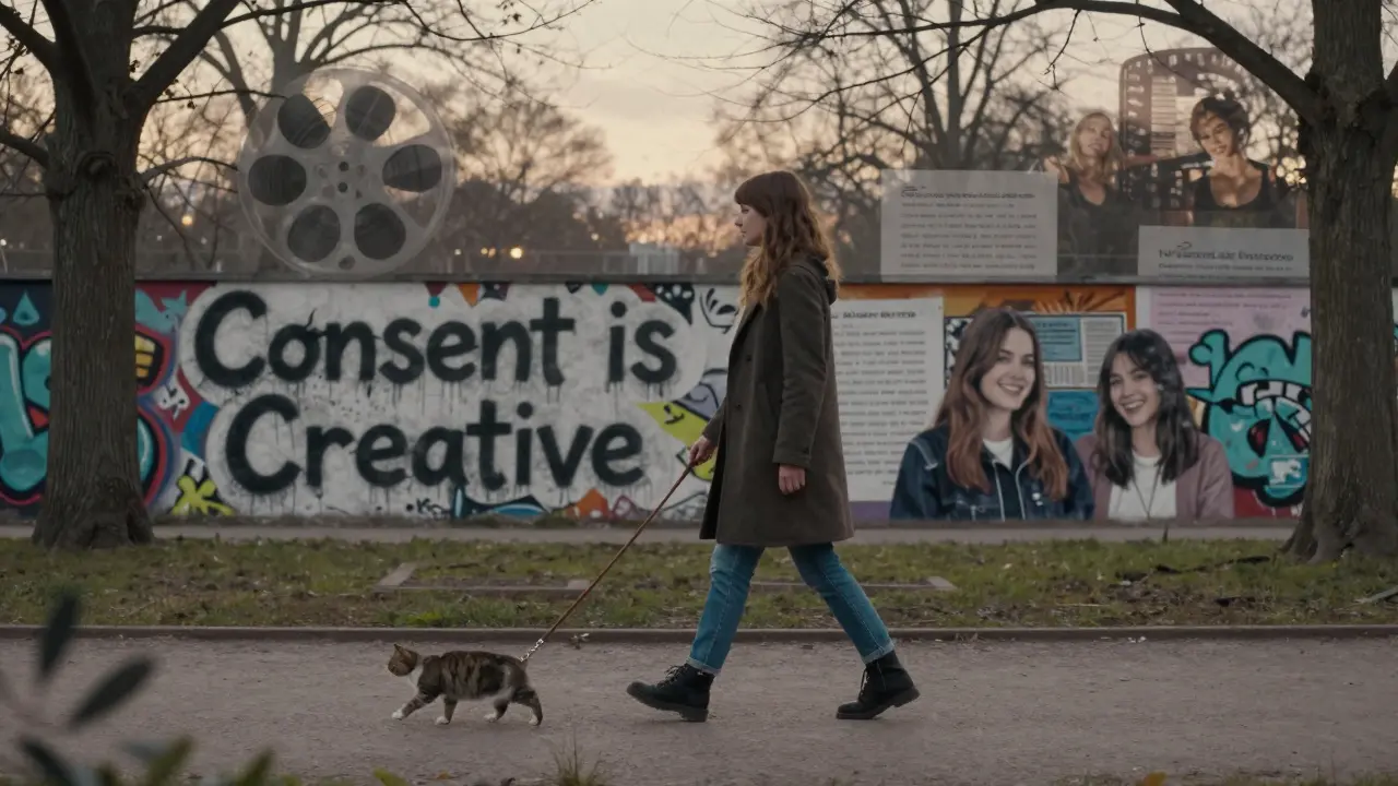 A woman walks her cat in a Munich park at dawn, passing a mural about consent, symbolizing her impact on the industry.