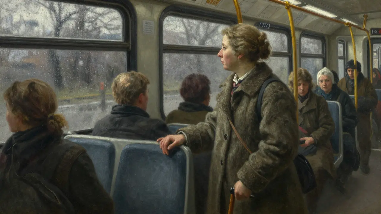 A woman with a cane gazing out a subway window, other passengers blurred in quiet solitude.