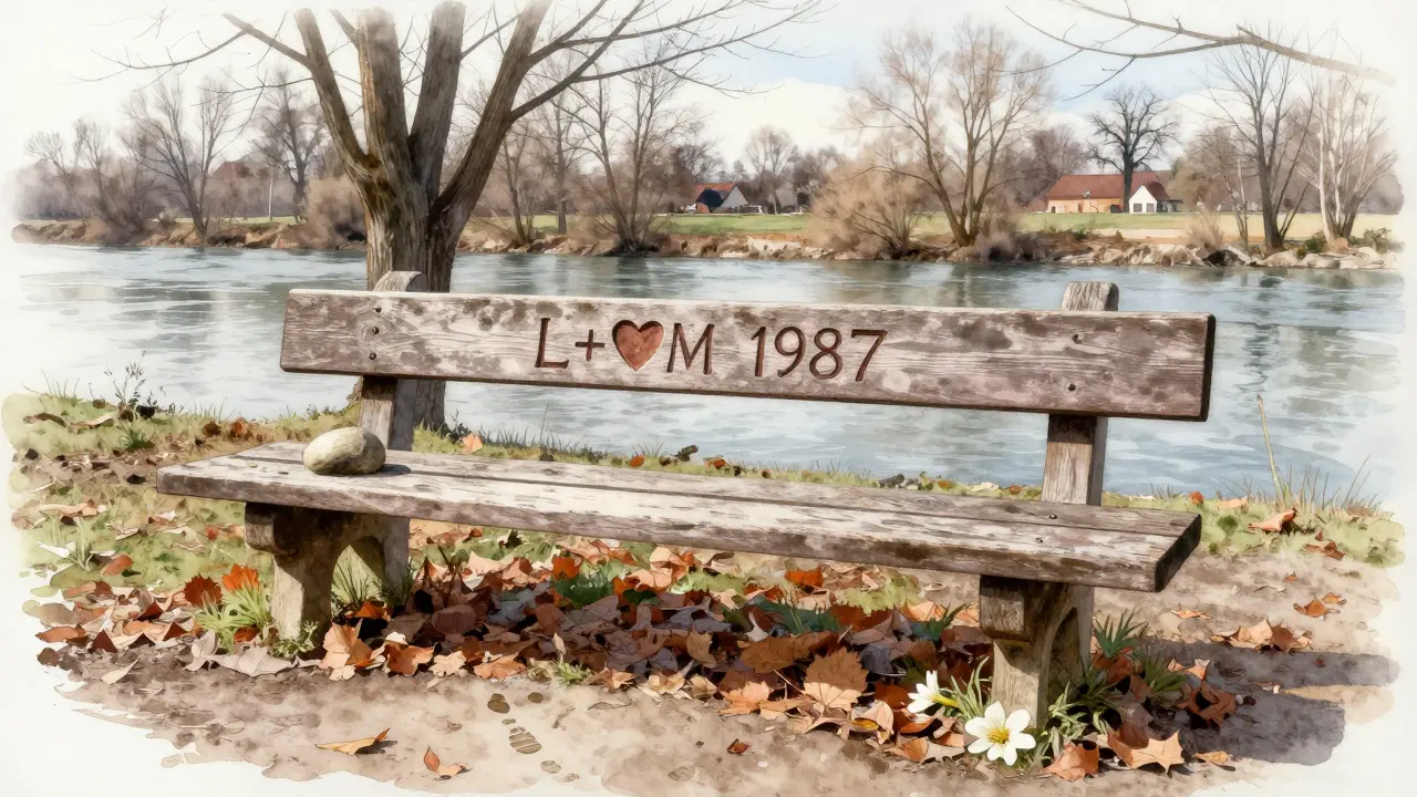 A wooden bench by a river with a carved heart and a single stone left behind, surrounded by autumn leaves.