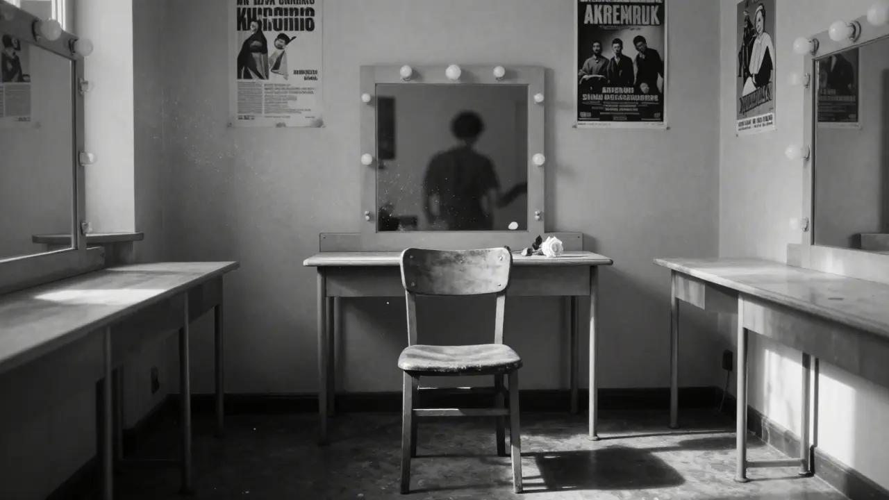 An empty theater dressing room with a single rose and worn chair, dust motes in the light.