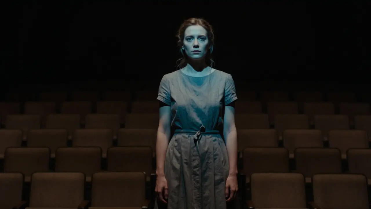 Annette Schwarz as Woyzeck in silent, haunting stillness under a single blue light on a dark stage.