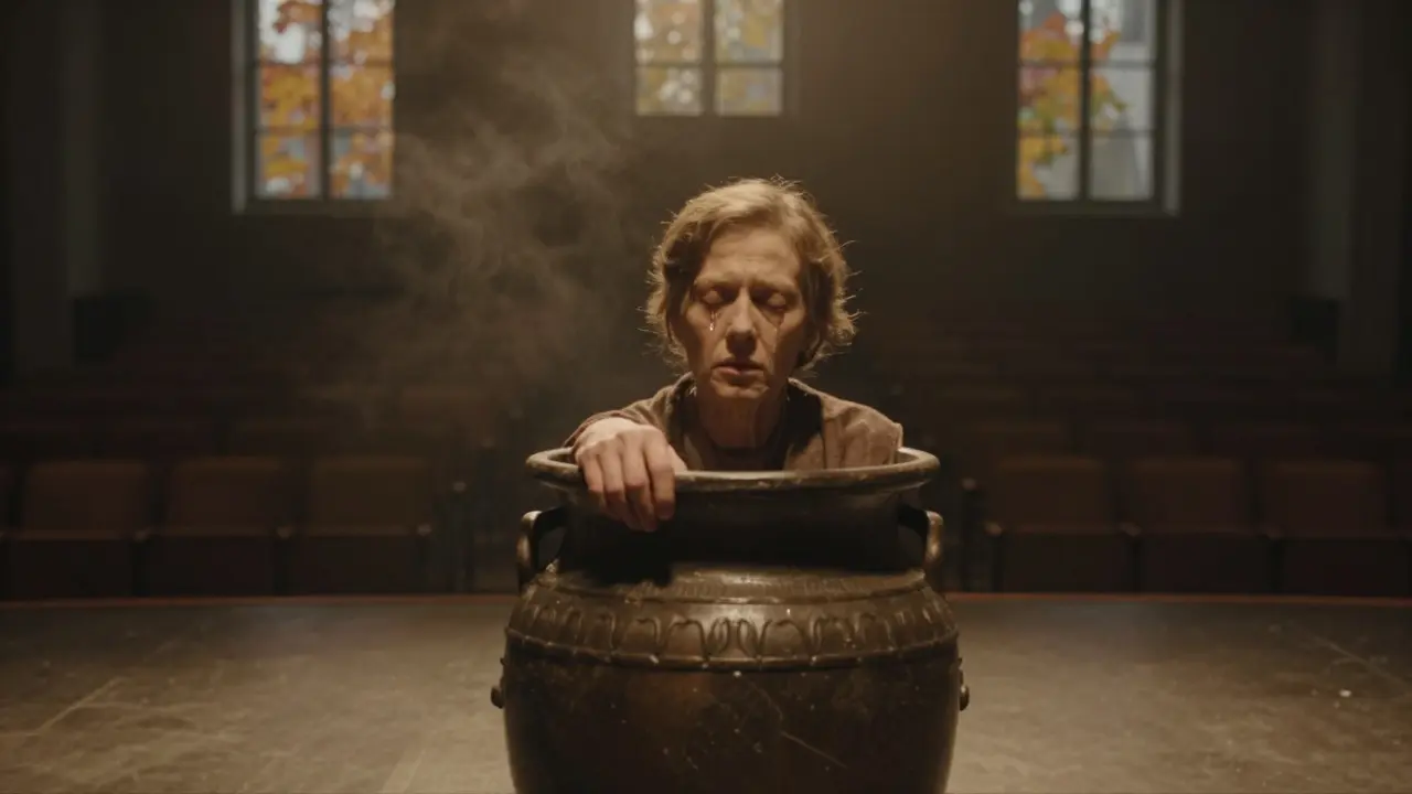 Annette Schwarz in her final role, frail and still in an urn, bathed in amber light as the theater empties around her.