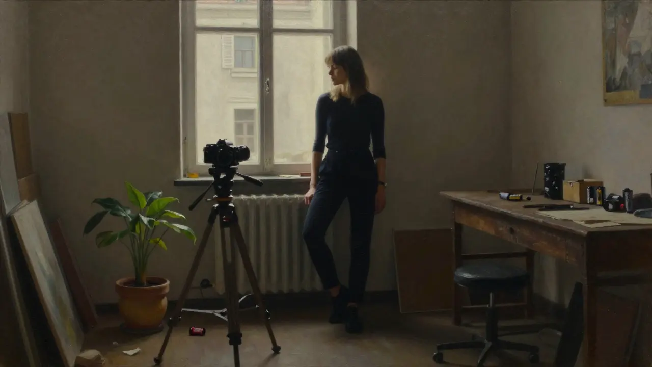 Artist posing in a basement studio with natural light, vintage camera, bare walls, calm and focused expression.