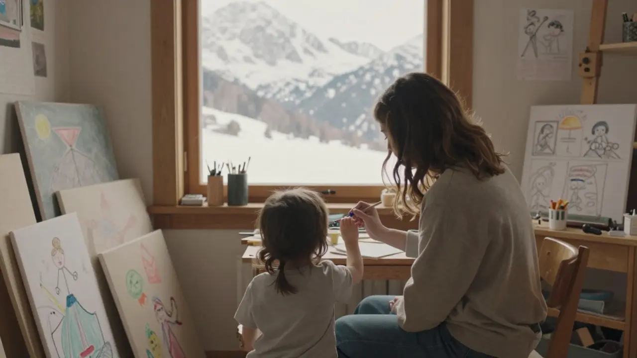 Briana Banks teaching art to a child in a quiet Alpine studio.