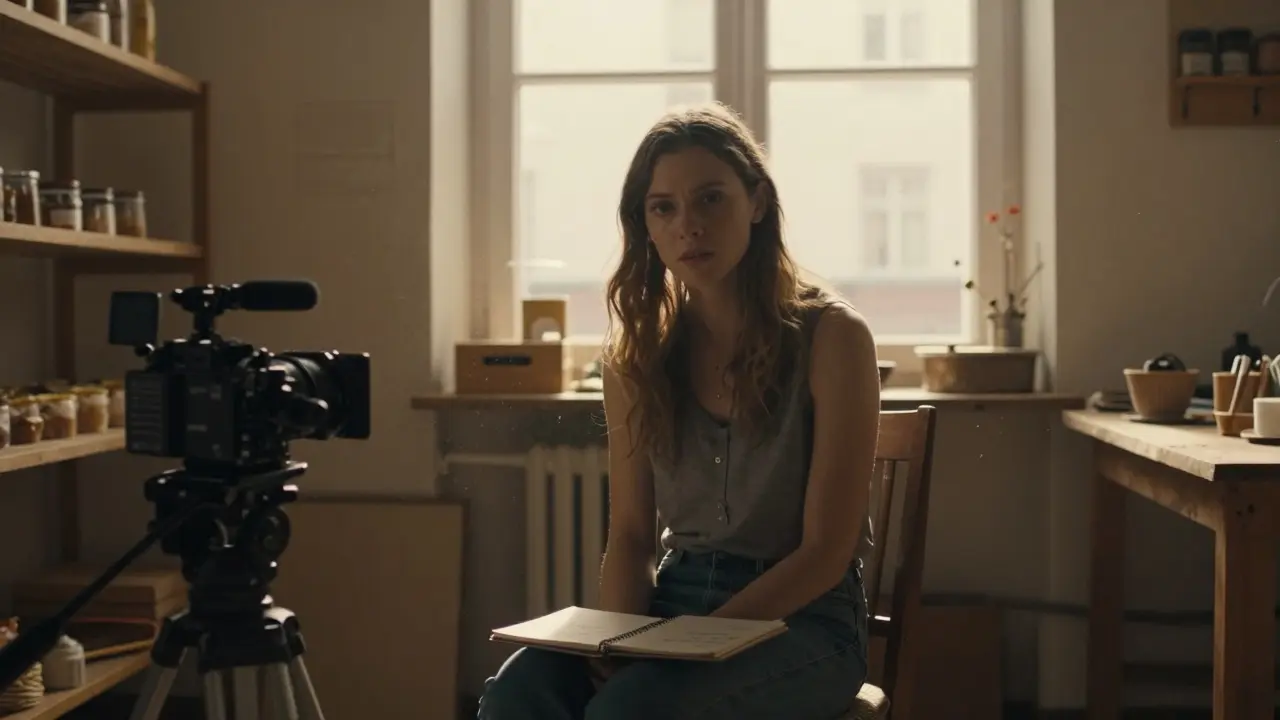 Briana in a cozy loft studio, bathed in warm light, gazing thoughtfully at the camera during a film shoot.