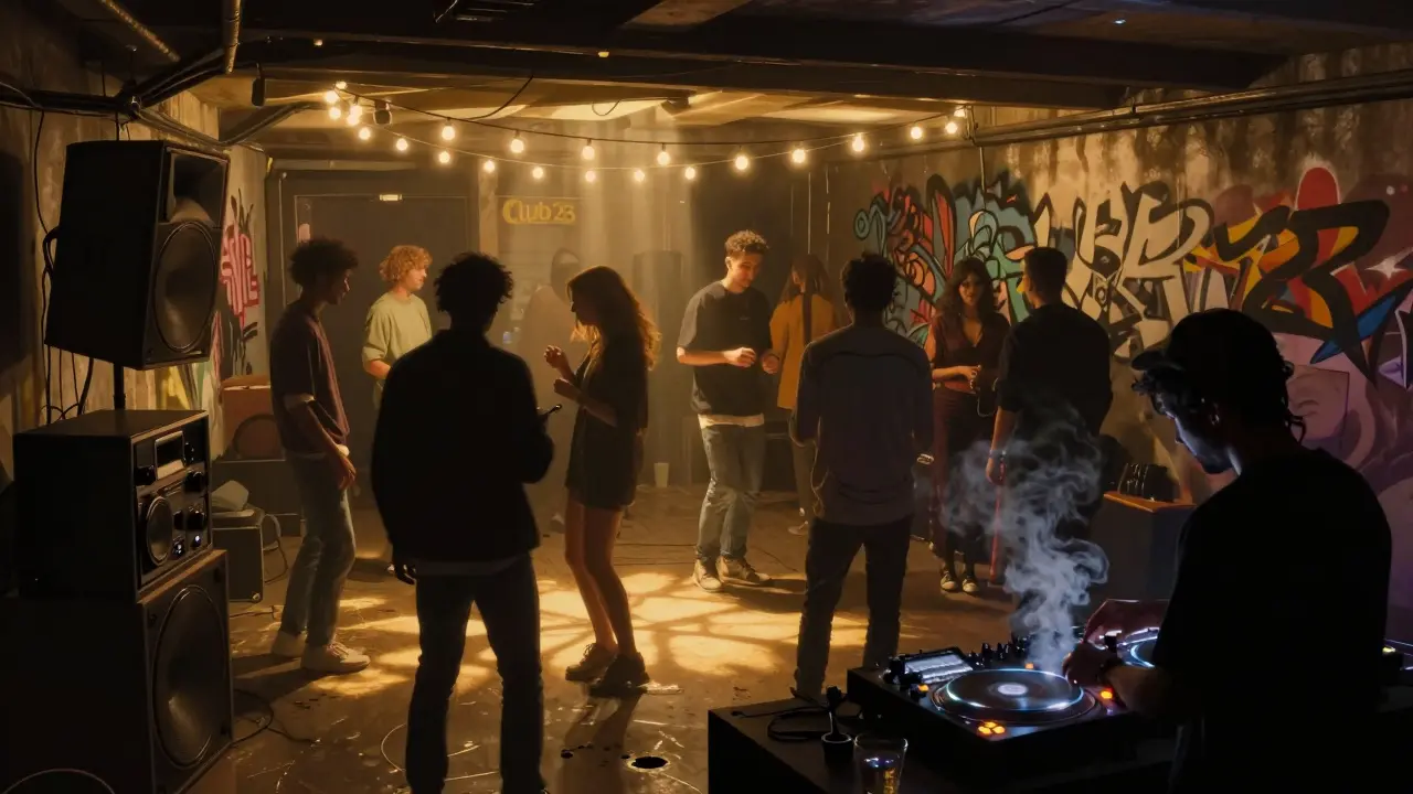 Crowd dancing in a dim underground club with string lights and vintage sound equipment.
