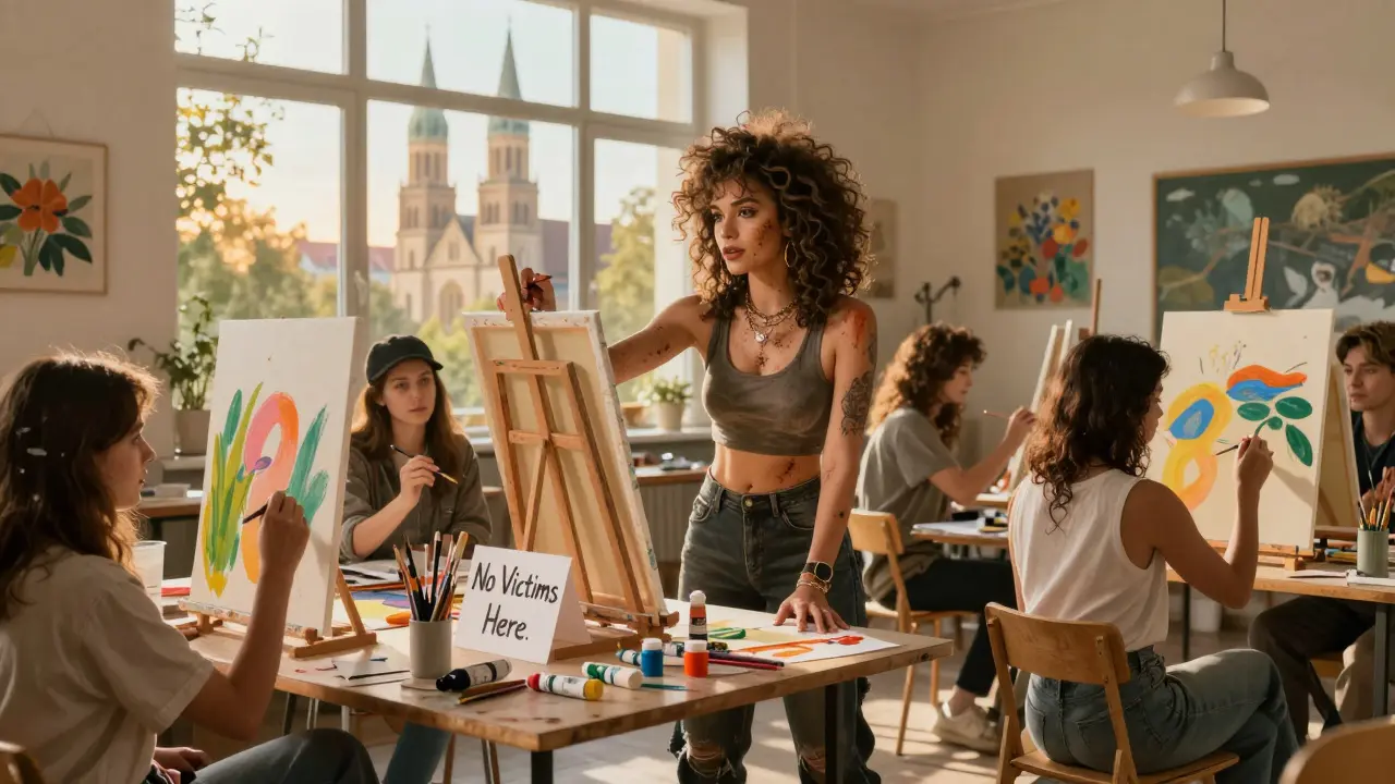 Dirty Tina teaches art to marginalized people in a sunlit studio, paint splattered on canvases, hope in the air.