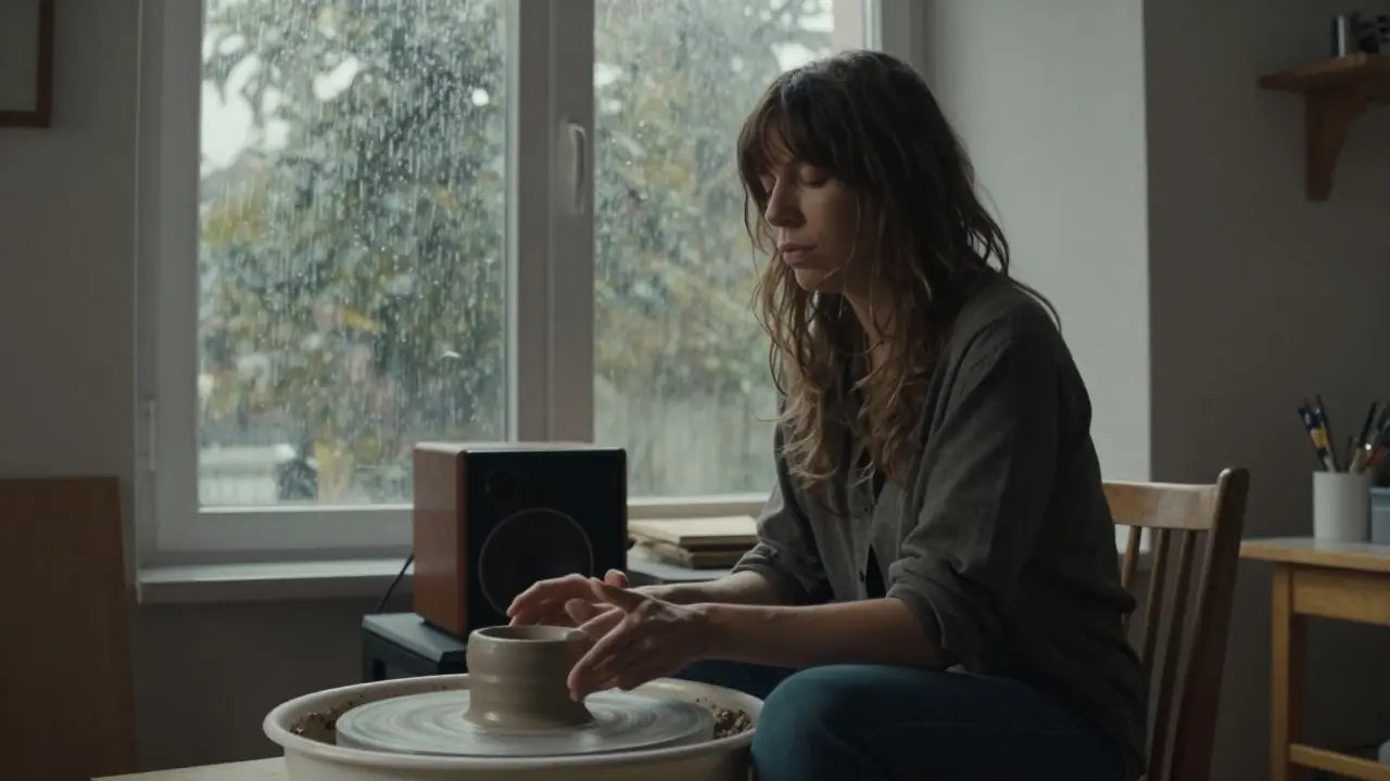 Jana Bach in a quiet studio, rain on the window, listening to music with a clay piece beside her.