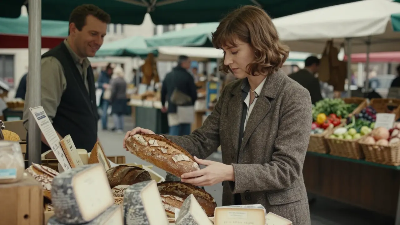 Jana Bach selecting bread and cheese at Munich's Viktualienmarkt, calm amidst the bustling market.
