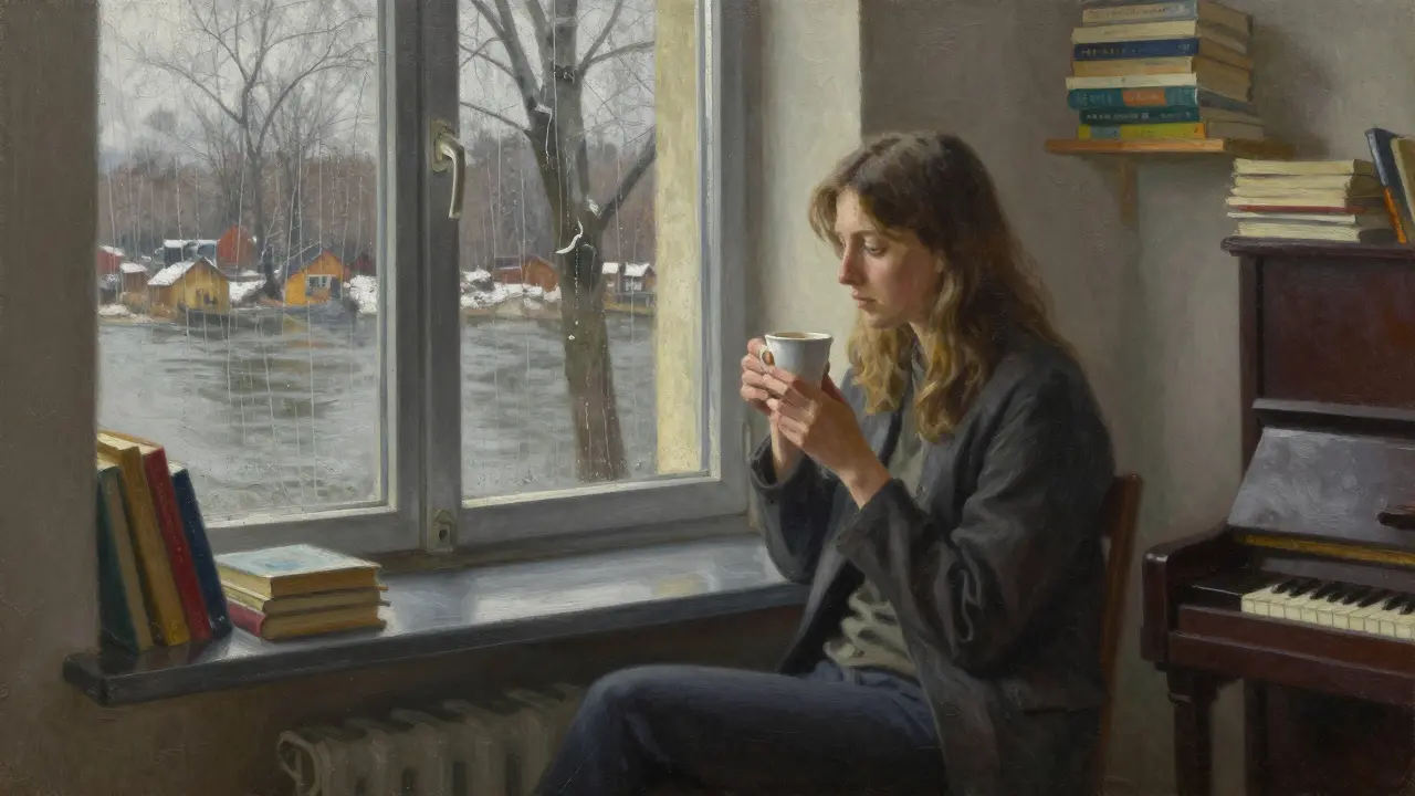Jana Bach sitting by a rainy window in her quiet Munich apartment, holding a coffee cup.