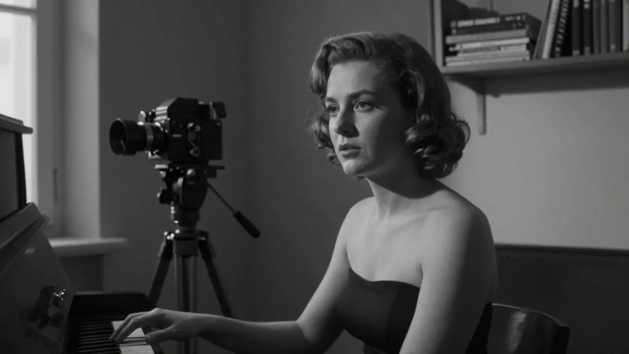 Leonie Saint in a quiet Munich studio, her hand resting on a piano key, natural light falling softly on her face.