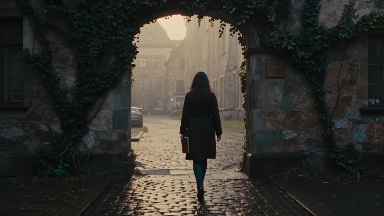 Leonie Saint walking alone through a misty, ivy-covered Munich courtyard at dusk.
