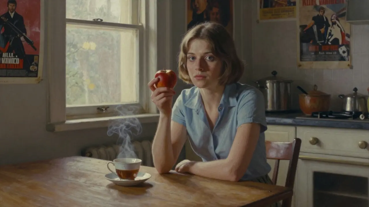 Lilli Vanilli sitting alone in a kitchen, holding an apple, staring intently with quiet power.