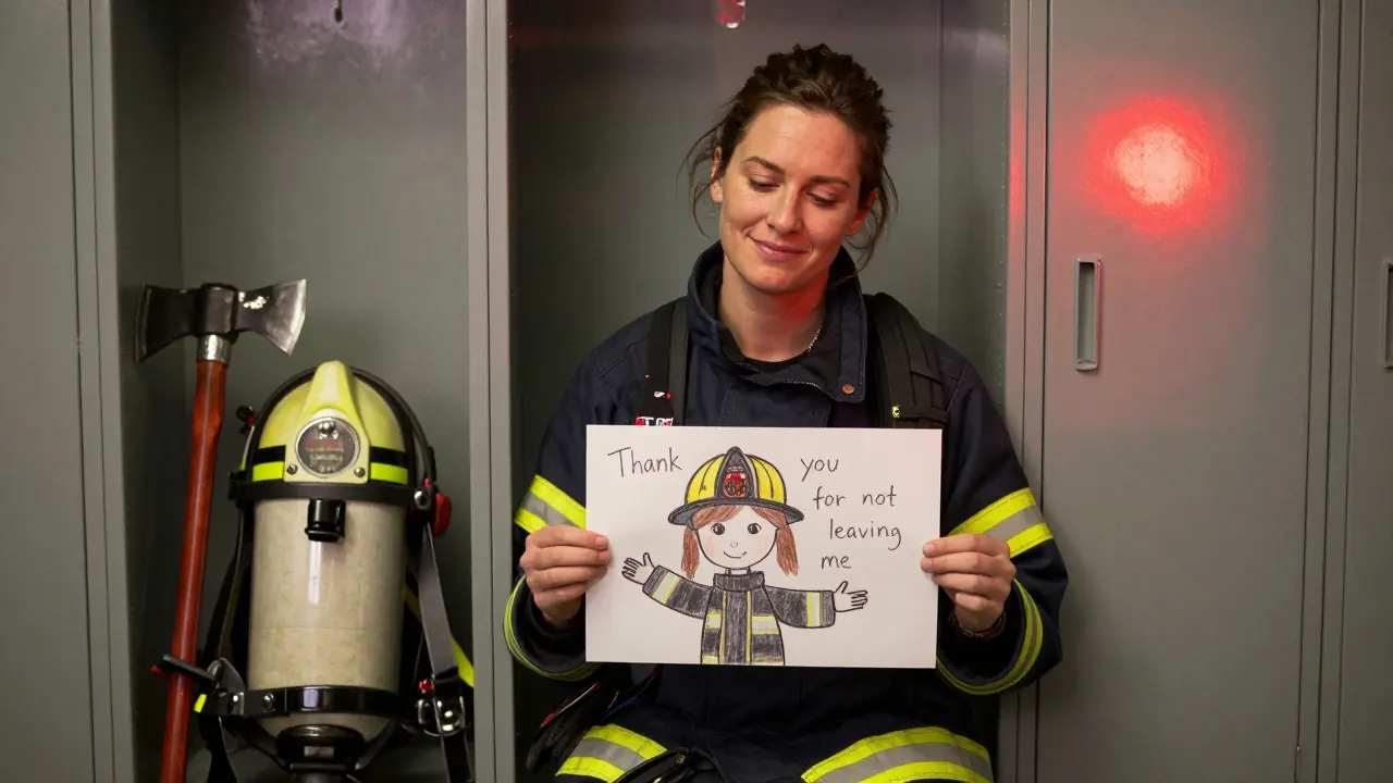 Melanie Müller holds a child&#039;s drawing in her locker, smiling softly under warm lamplight.