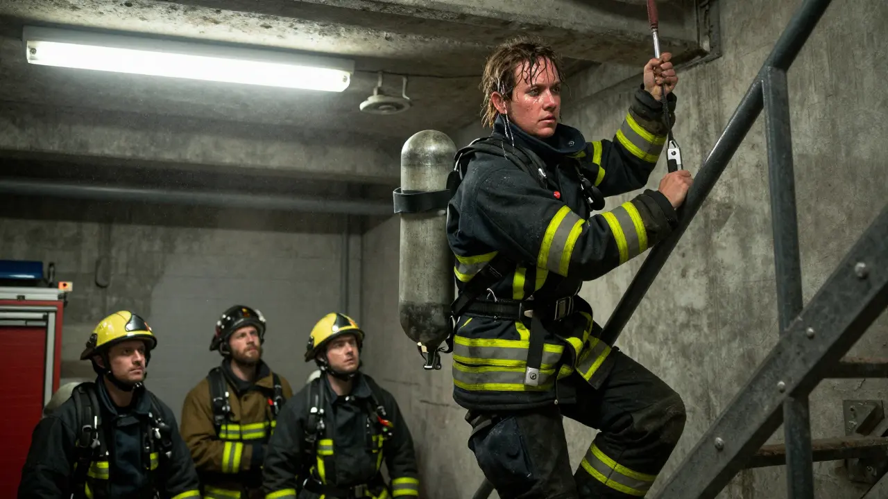 Melanie Müller trains at the fire academy, climbing stairs with heavy gear while others watch in silence.