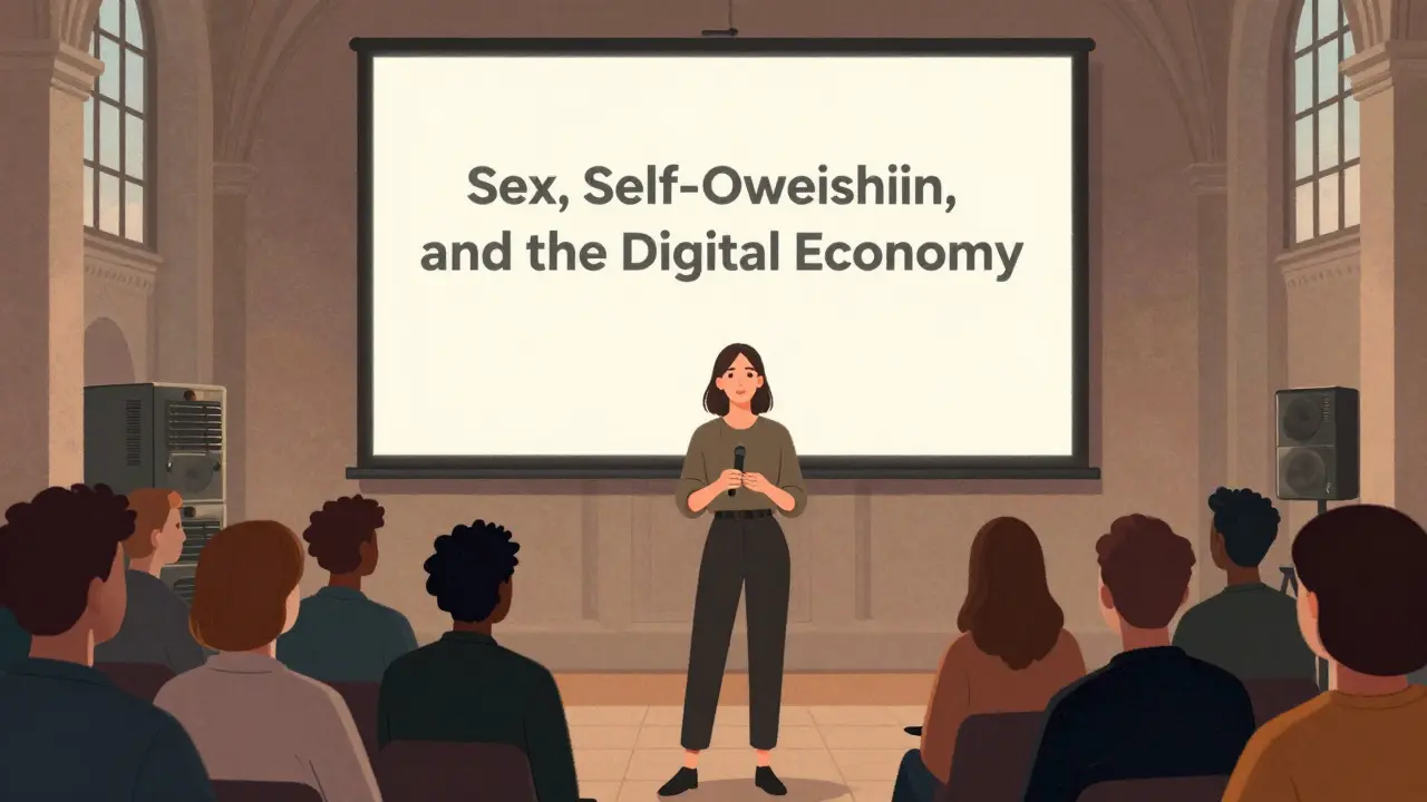 Melanie speaking at a digital creativity event in Munich, crowd listening, screen with her talk title visible.