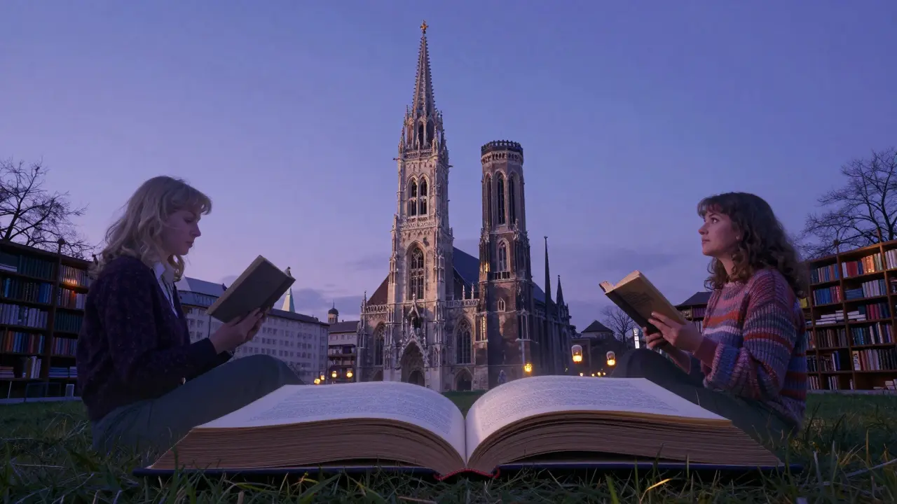 Munich's church spires cast book-like shadows over the English Garden, with ghostly figures of readers floating among them.