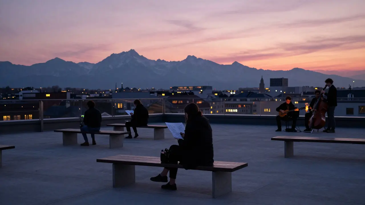 Rooftop terrace view of Munich at dusk with the Alps in the distance and students sketching on a concrete deck.
