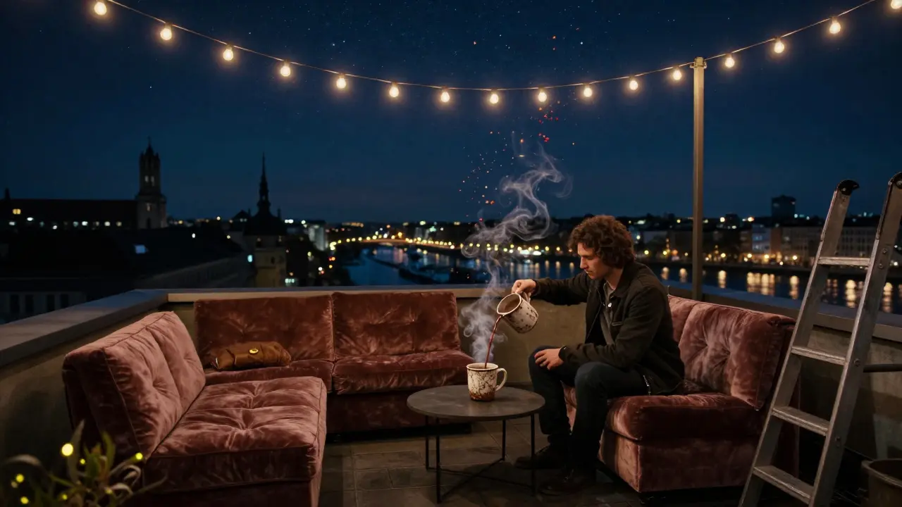 Rooftop terrace with string lights and hot chocolate under a starry Munich sky.