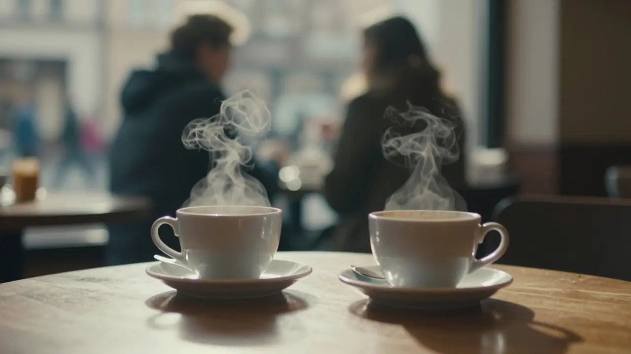 Two empty coffee cups on a table at a Munich café, morning light and steam rising in stillness.