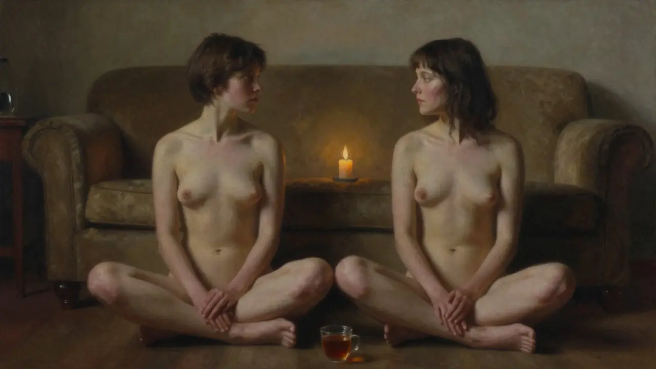 Two people sit calmly in a dim room, making eye contact during a quiet, intimate film scene with no nudity.