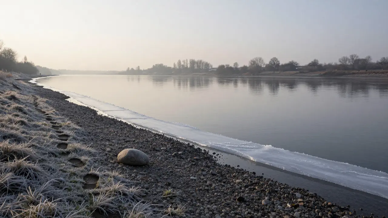 Winter riverbank with ice forming slowly, a smooth stone resting on frosty pebbles.