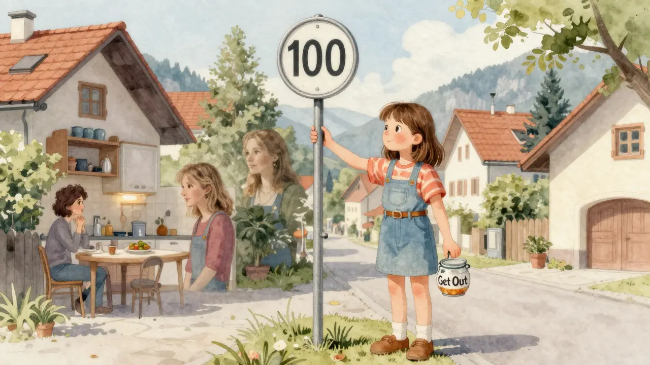 Woman standing at a tram stop holding a savings jar, translucent memories of her career fading into her hometown streets.