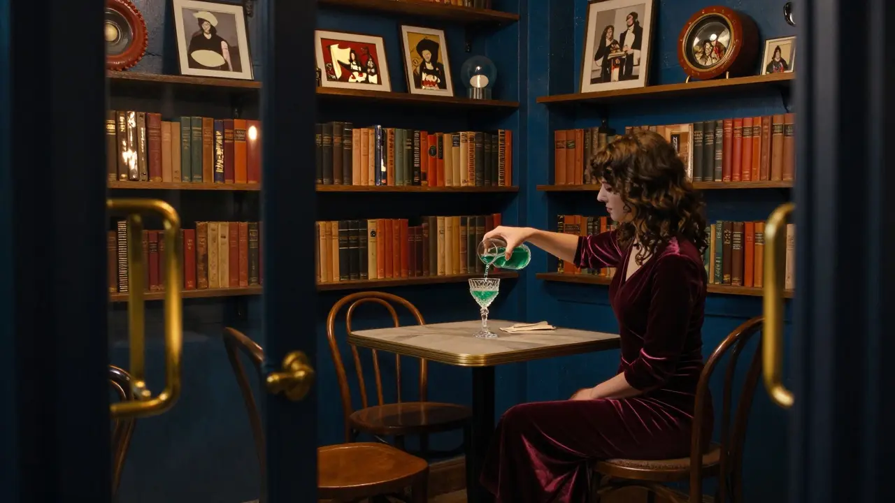 A hidden bar behind a hardware store, lit by candlelight, with a woman pouring a unique drink in silence.