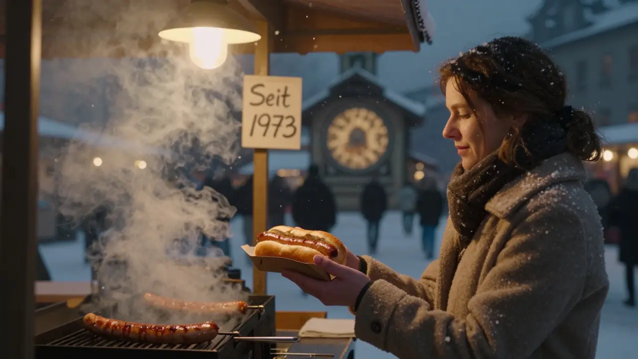 A late-night sausage stand in Munich, steam rising as snow falls gently near the Glockenspiel.