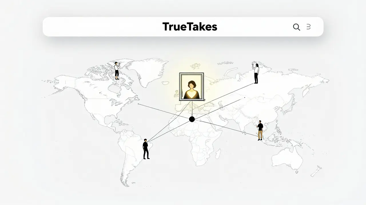 A minimalist digital platform icon floating over Munich, with small figures connecting to it from afar.