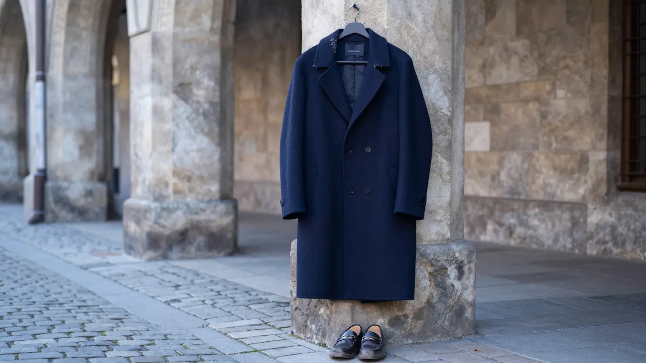 A navy wool coat hangs alone beside cobblestones in Munich, with worn leather shoes beneath it, bathed in cool afternoon light.