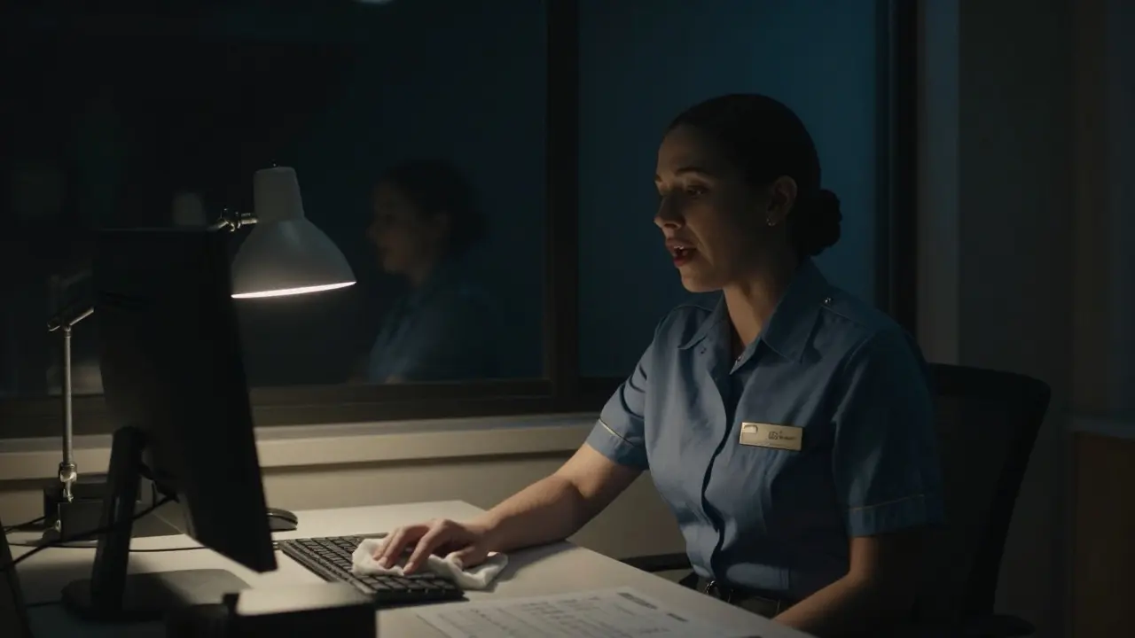 A night cleaner sings softly while cleaning an office, captured by a quiet film camera.