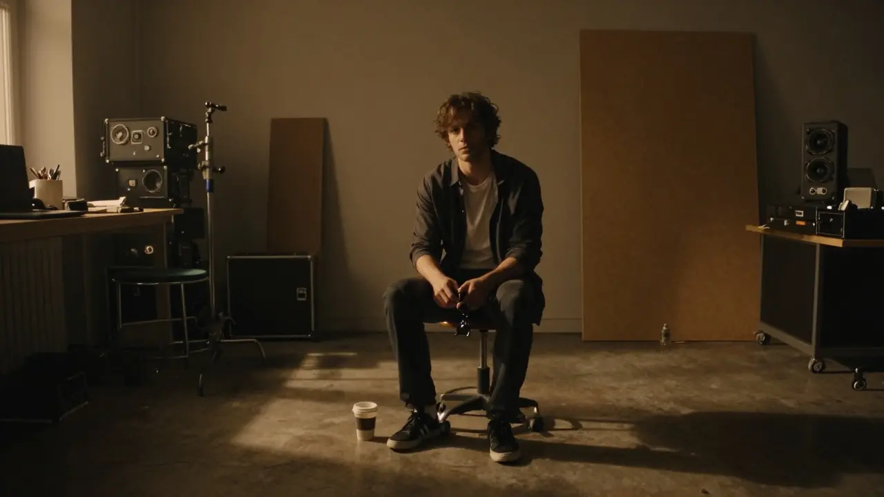 A performer sitting quietly on a studio stool during a break, sunglasses on her lap, coffee beside her, soft shadows in the background.