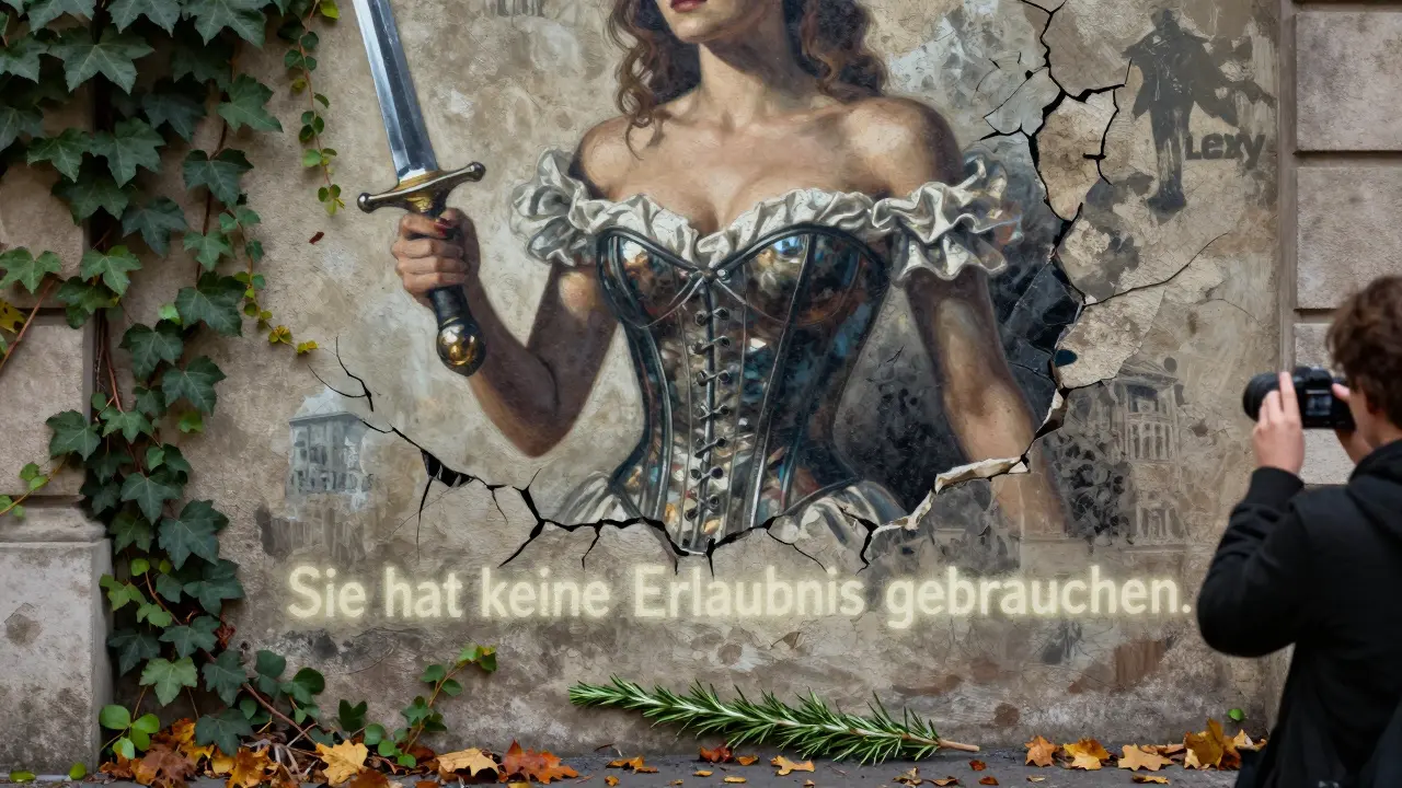 A powerful mural of a woman with a paintbrush sword appears on a hidden alley wall, with a sprig of rosemary at its base.