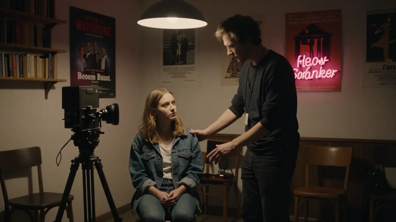 A quiet film set in Munich with a director and actress preparing for a scene, surrounded by wooden furniture and warm lighting.