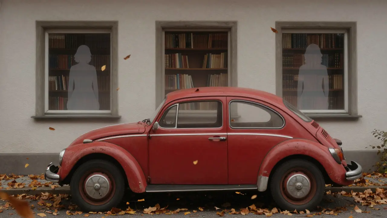 A rusted red Volkswagen Beetle sits outside a library, autumn leaves swirling, with a faint silhouette in the window.