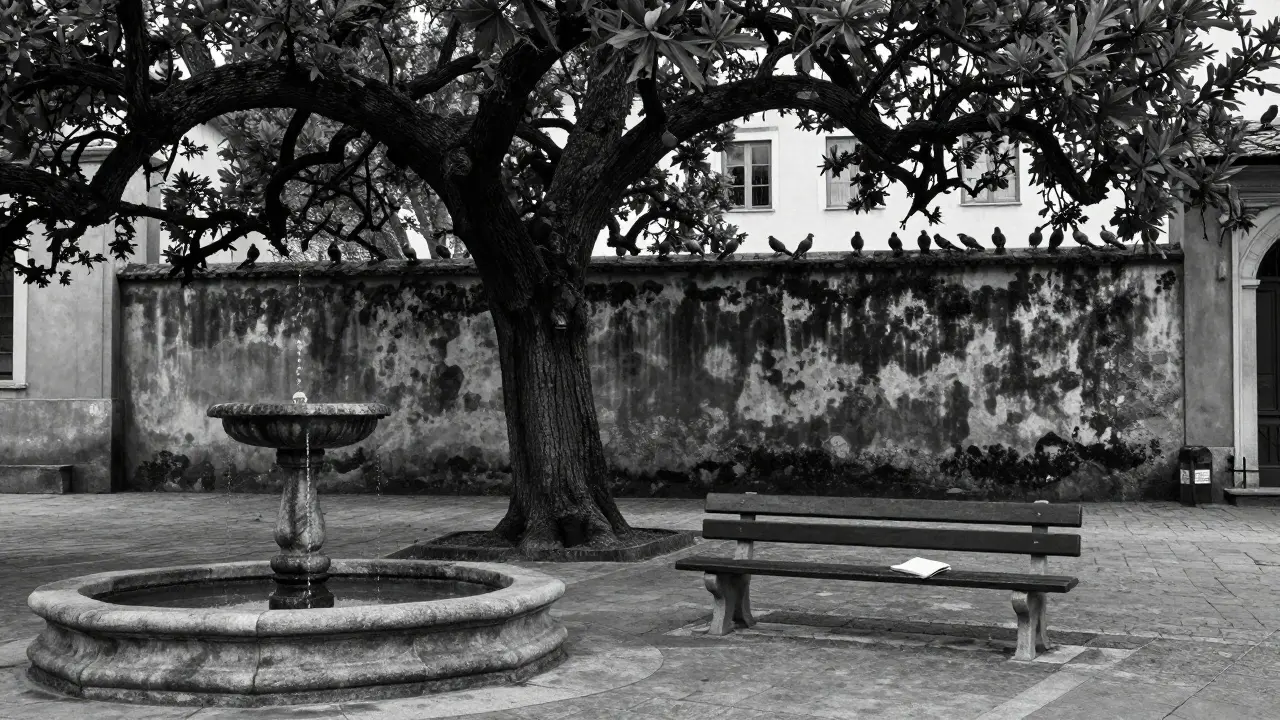 A secluded courtyard behind Tal 42 with an old oak tree, stone fountain, empty bench, and pigeons in quiet stillness.