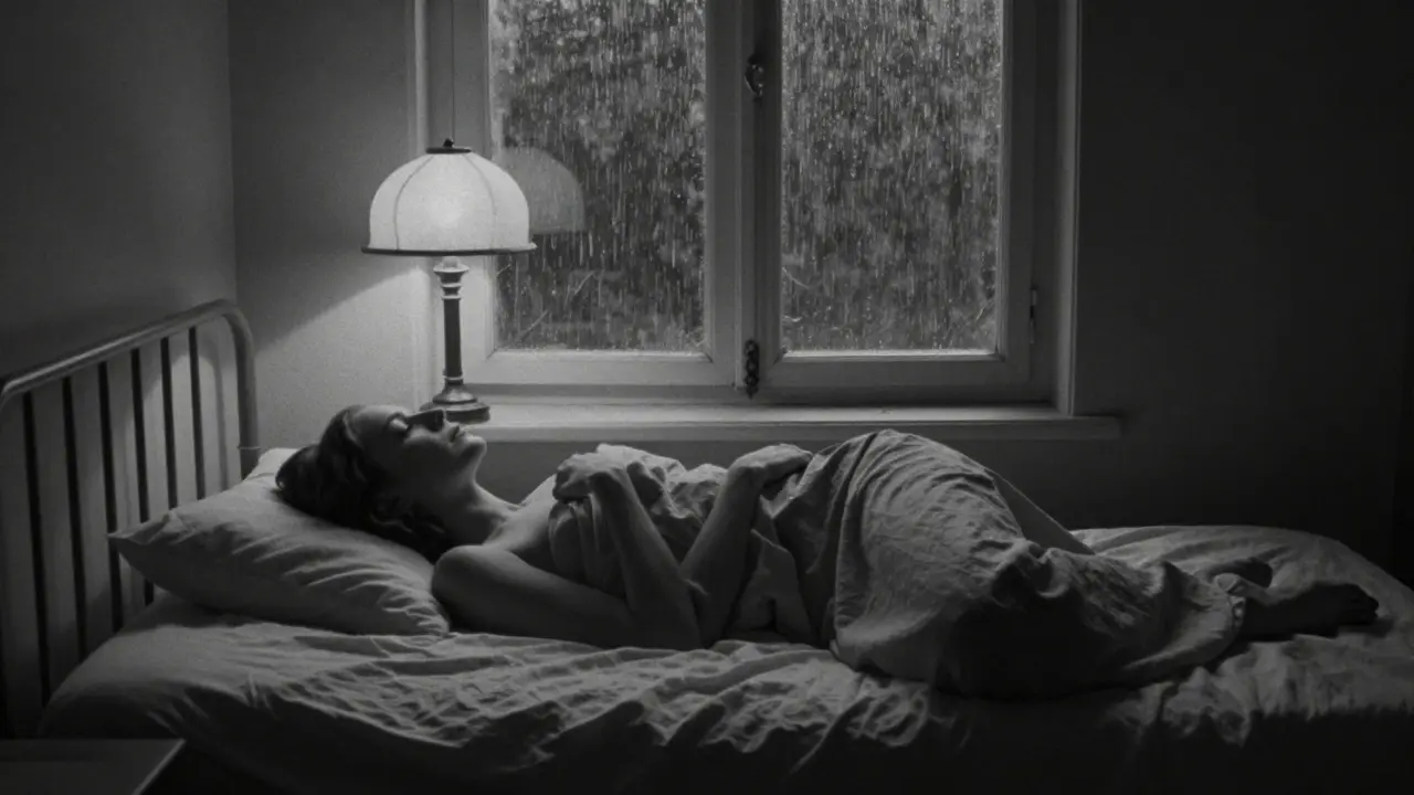 A serene, grainy film still of Tyra lying on a bed in a Munich studio, rain on the window, soft lighting, no nudity, emphasizing stillness.