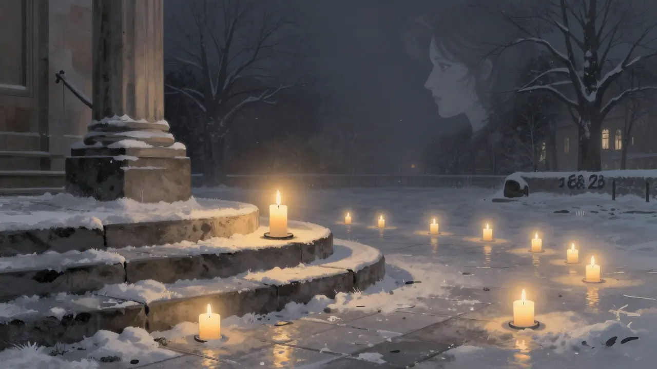 A single candle glows on stone steps at the Maximilianeum, surrounded by others in a quiet winter night memorial.